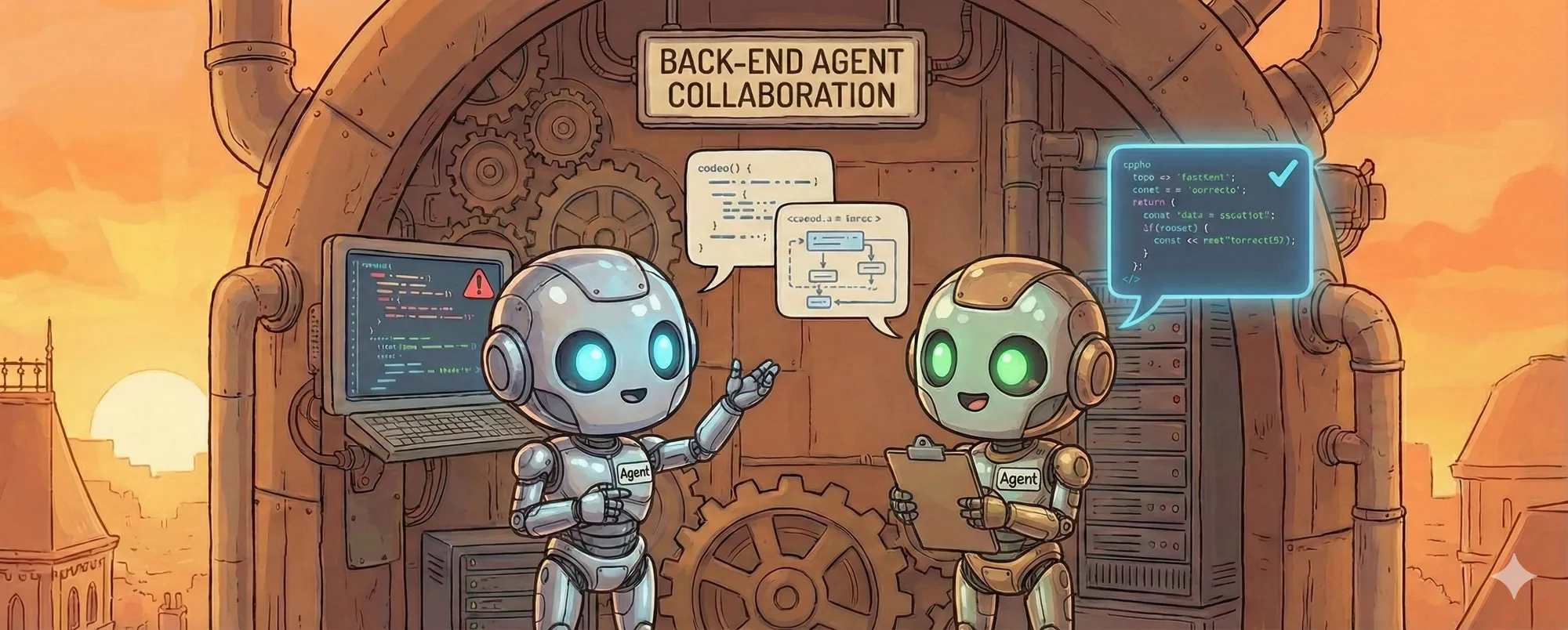 Illustration of two robot characters wearing "Agent" badges collaborating in a steampunk-style workshop labeled Back-End Agent Collaboration, with speech bubbles showing code snippets