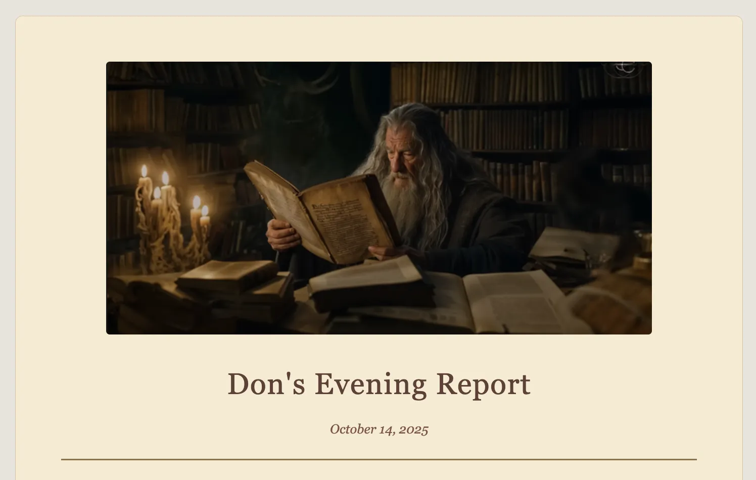 Illustration of an old man reading a large book by candlelight in a library, above the title Don's Evening Report and the date October 14, 2025